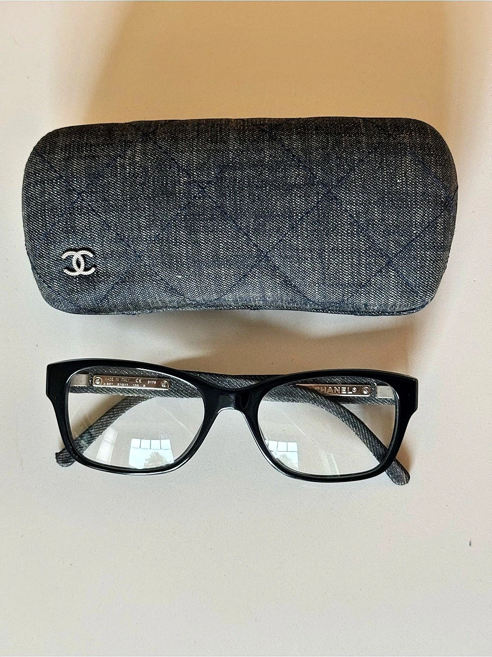 Chanel CH 3176 Quilted Denim Eyeglasses Black Frames CC Logo + Case